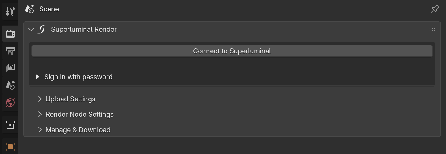 The Superluminal Render panel before sign-in with the Connect to Superluminal button