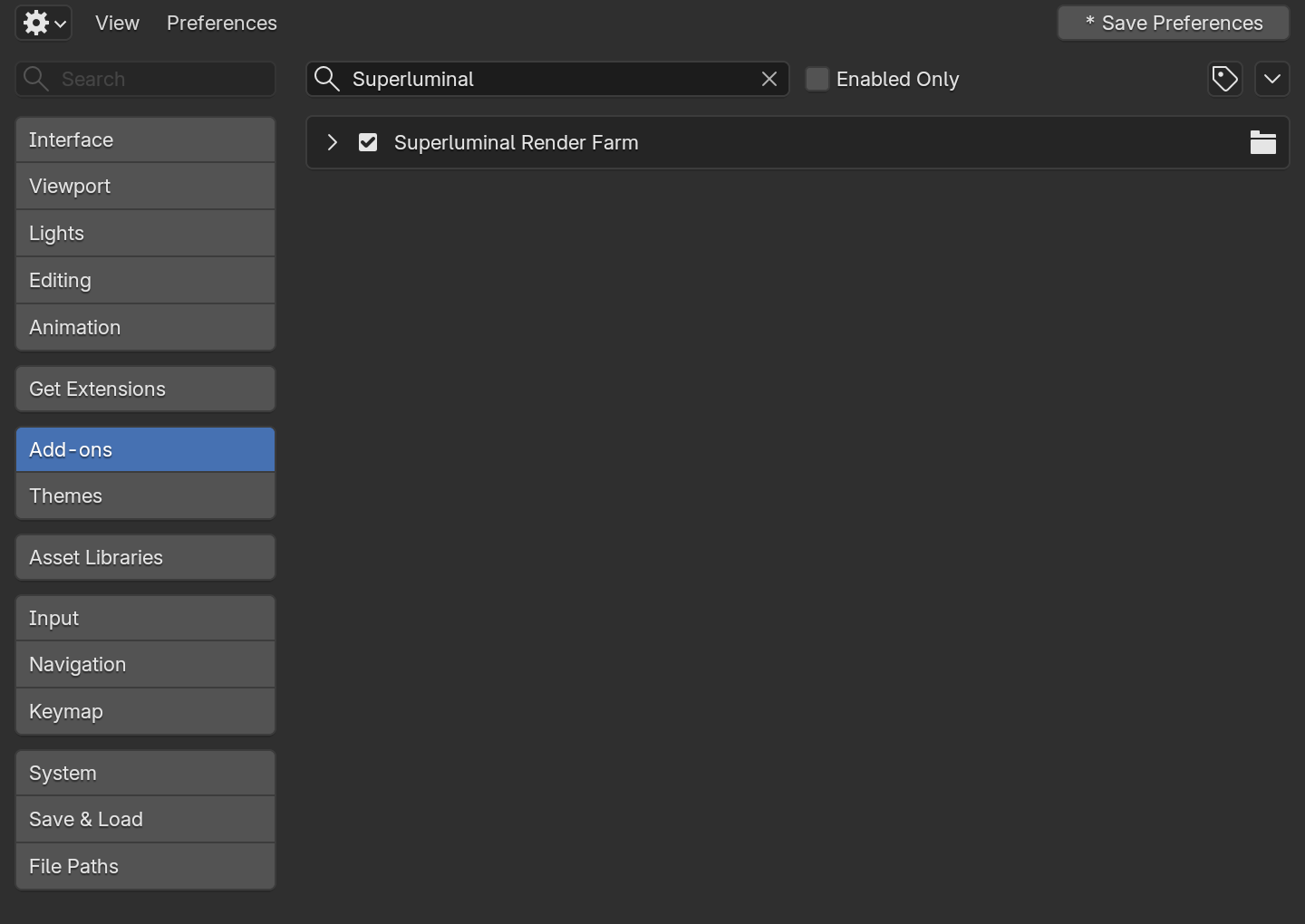 Blender Preferences on the Add-ons section with the Superluminal add-on installed and enabled