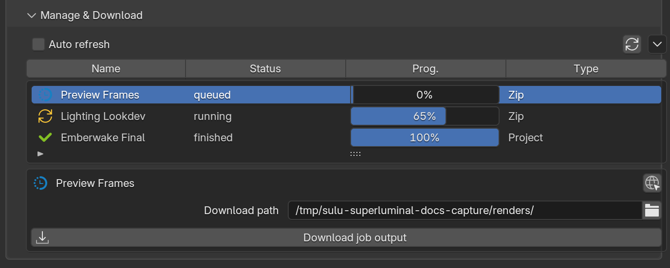 Manage & Download with the job list, download path, and the Download job output action