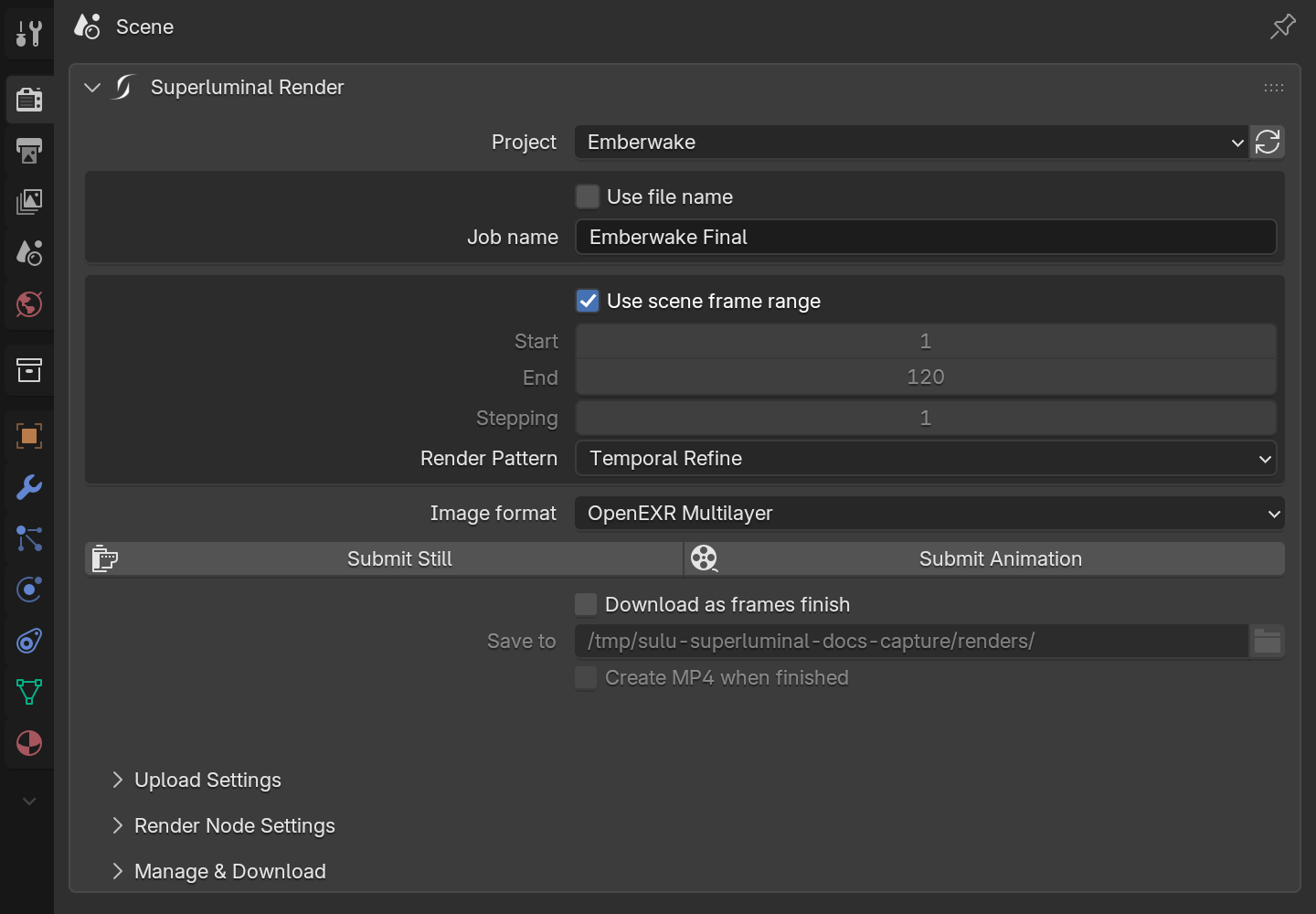 The Superluminal Render panel with project, job name, frame range, render pattern, format, and submit actions