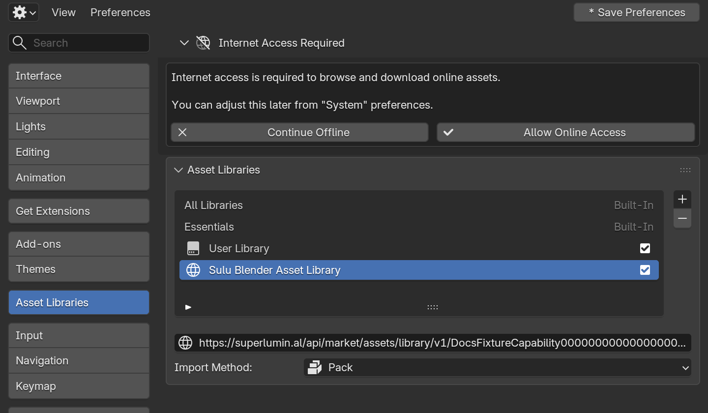 Blender Preferences on Asset Libraries with the Sulu Blender Asset Library added as a remote library
