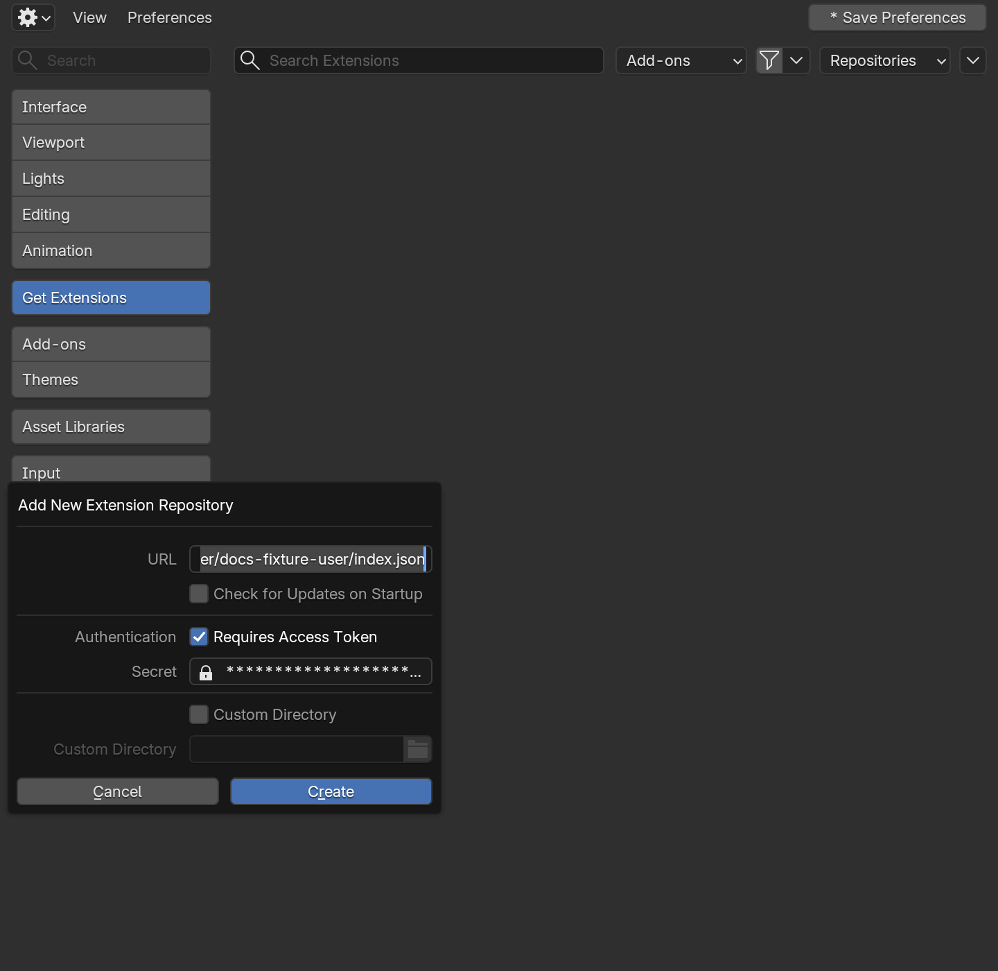 Blender's Add New Extension Repository dialog with the Sulu repository URL and access token