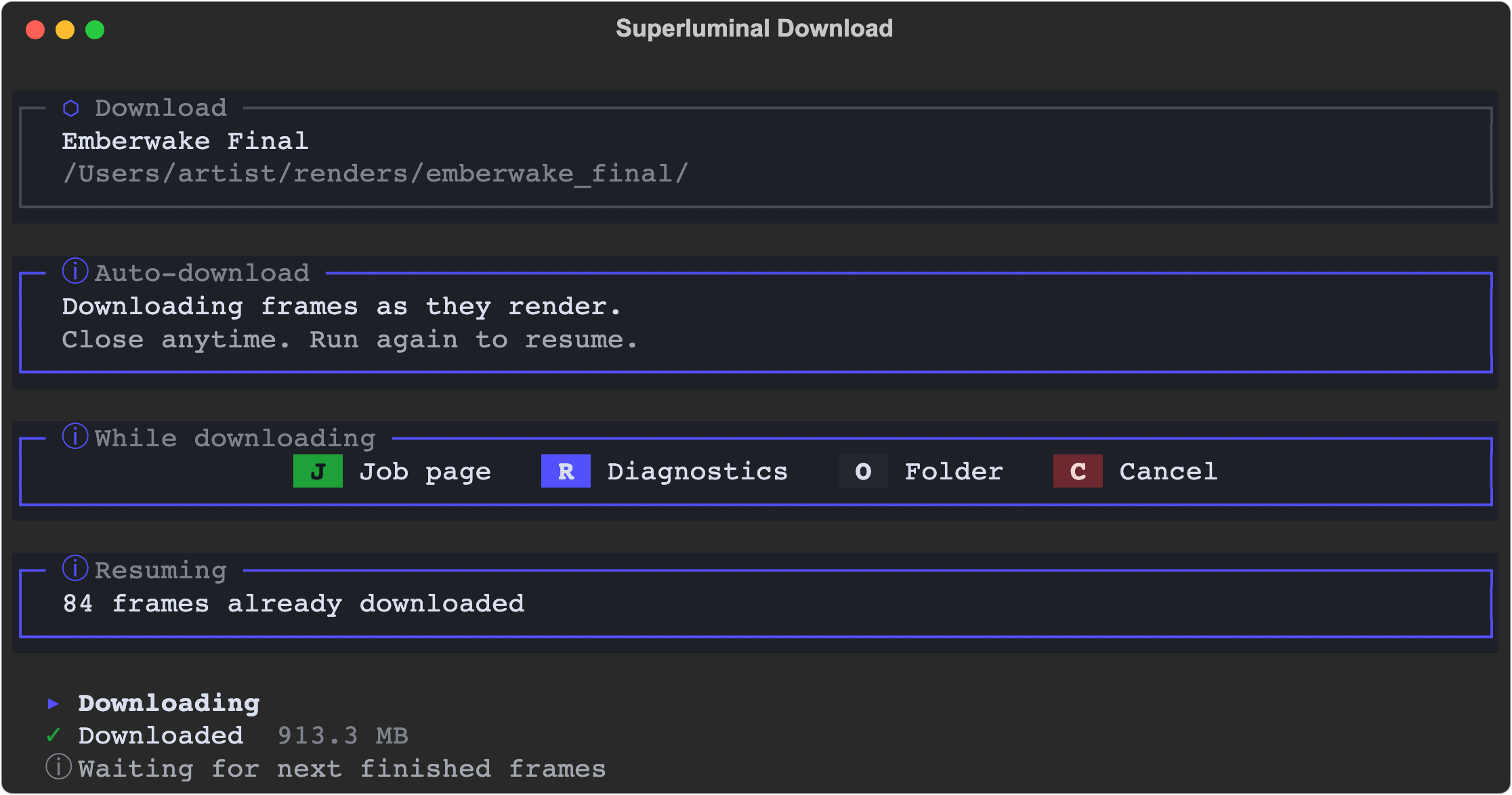 The download terminal in auto mode with keyboard shortcuts, resume info, and transfer progress