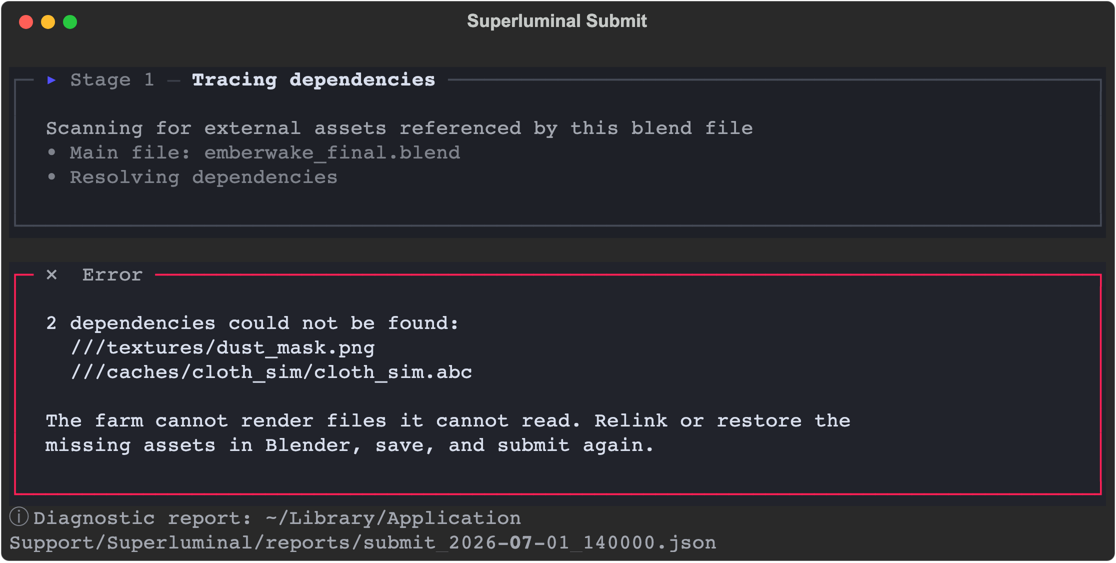 The submission terminal stopping on missing dependencies with the exact files listed