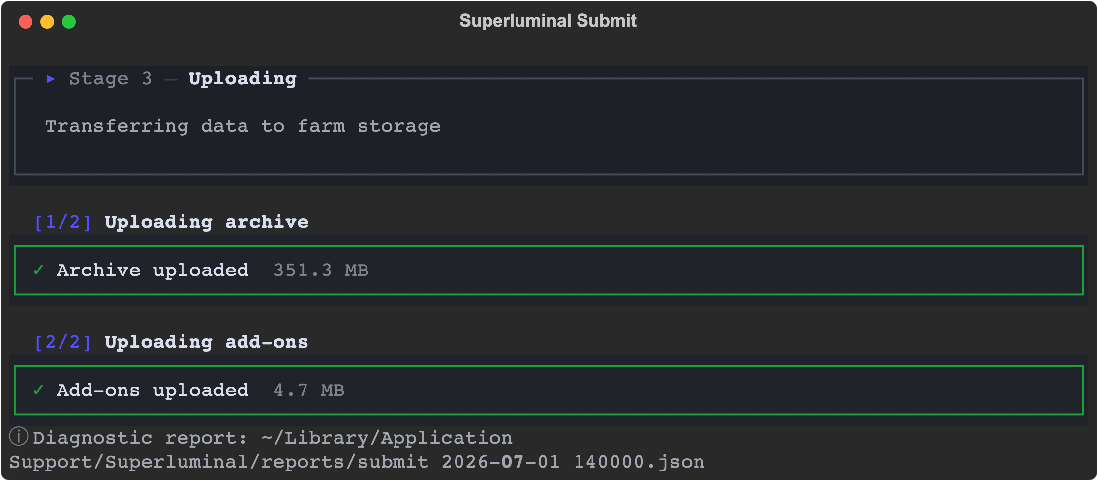 The submission terminal uploading the archive and add-ons to farm storage