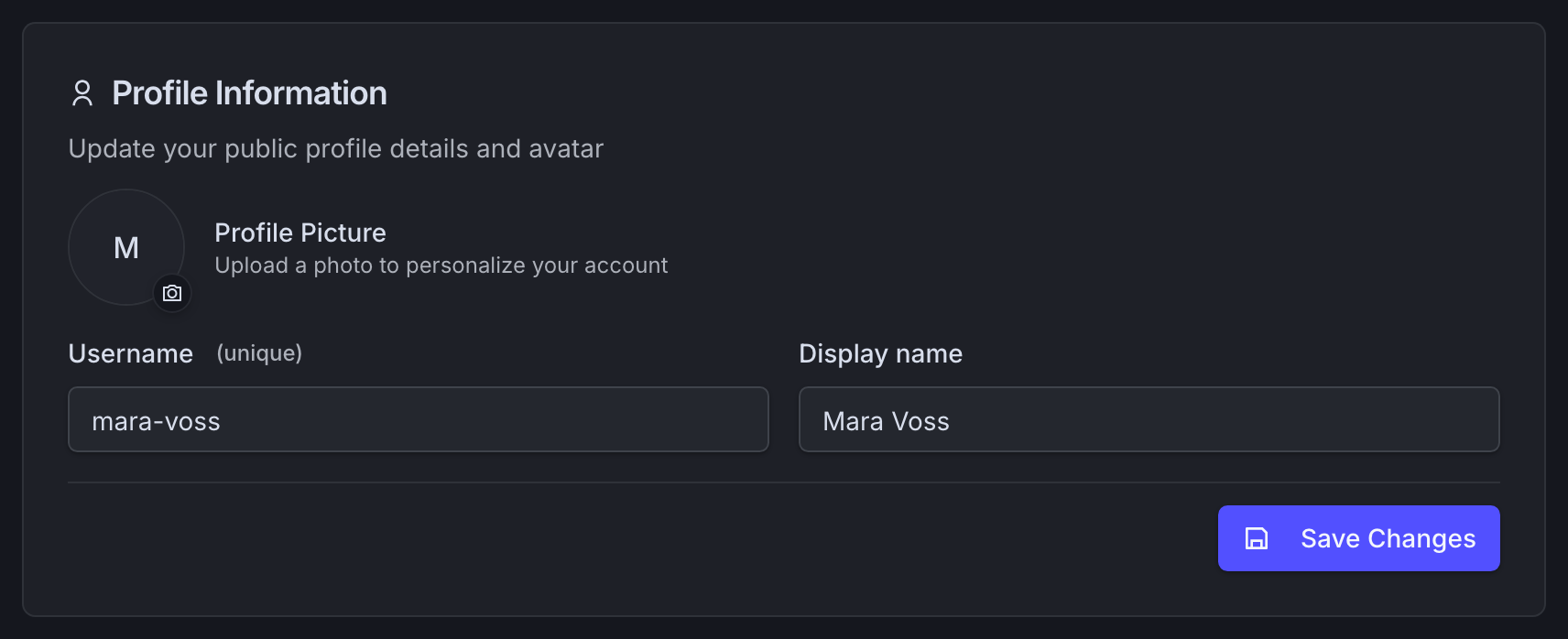 The profile information card with display name and avatar
