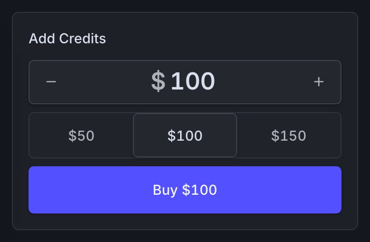The organization balance card with the Add Credits action