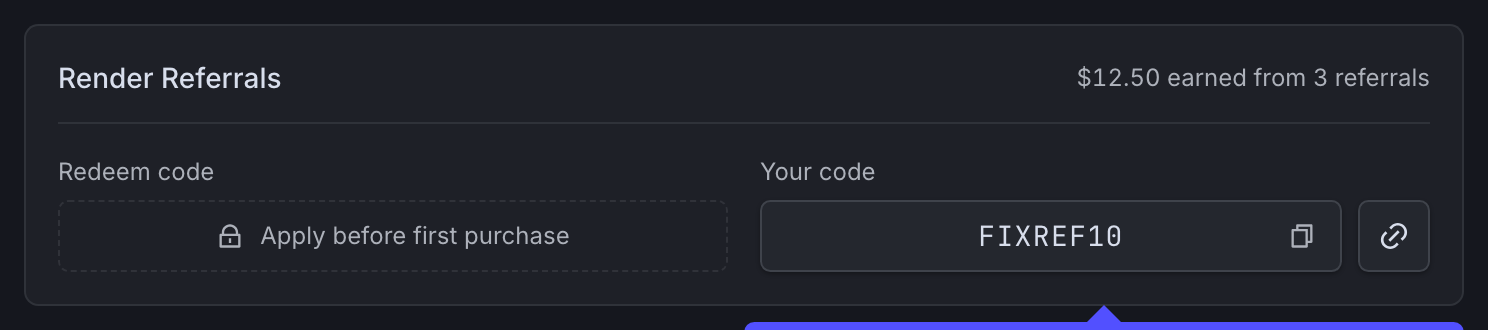 The render referrals card with the shareable referral link