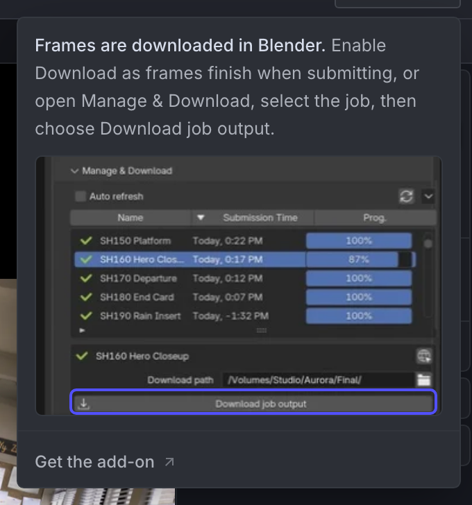 The job header's Download popover pointing to Manage & Download in the Blender add-on
