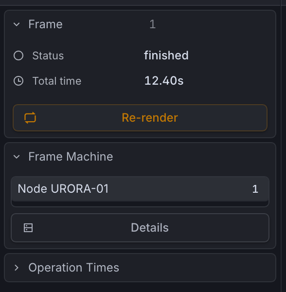 Details for the selected frame with status, timing, machine, and the re-render action