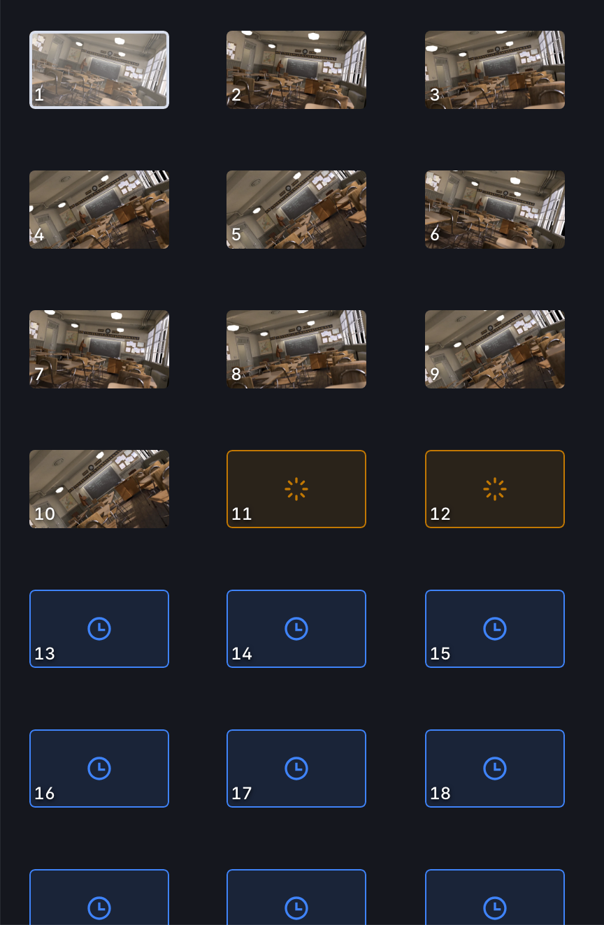 The frame grid showing finished thumbnails alongside rendering and queued frames