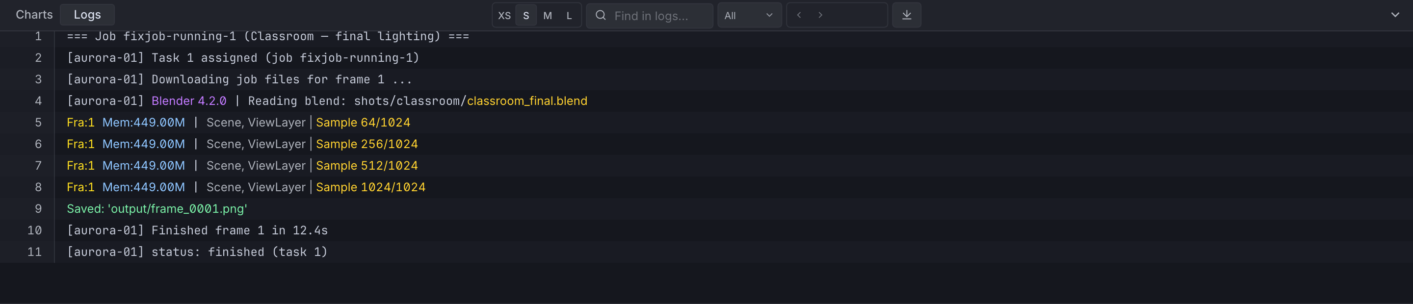 The log view with search, match navigation, severity filter, and text-size controls