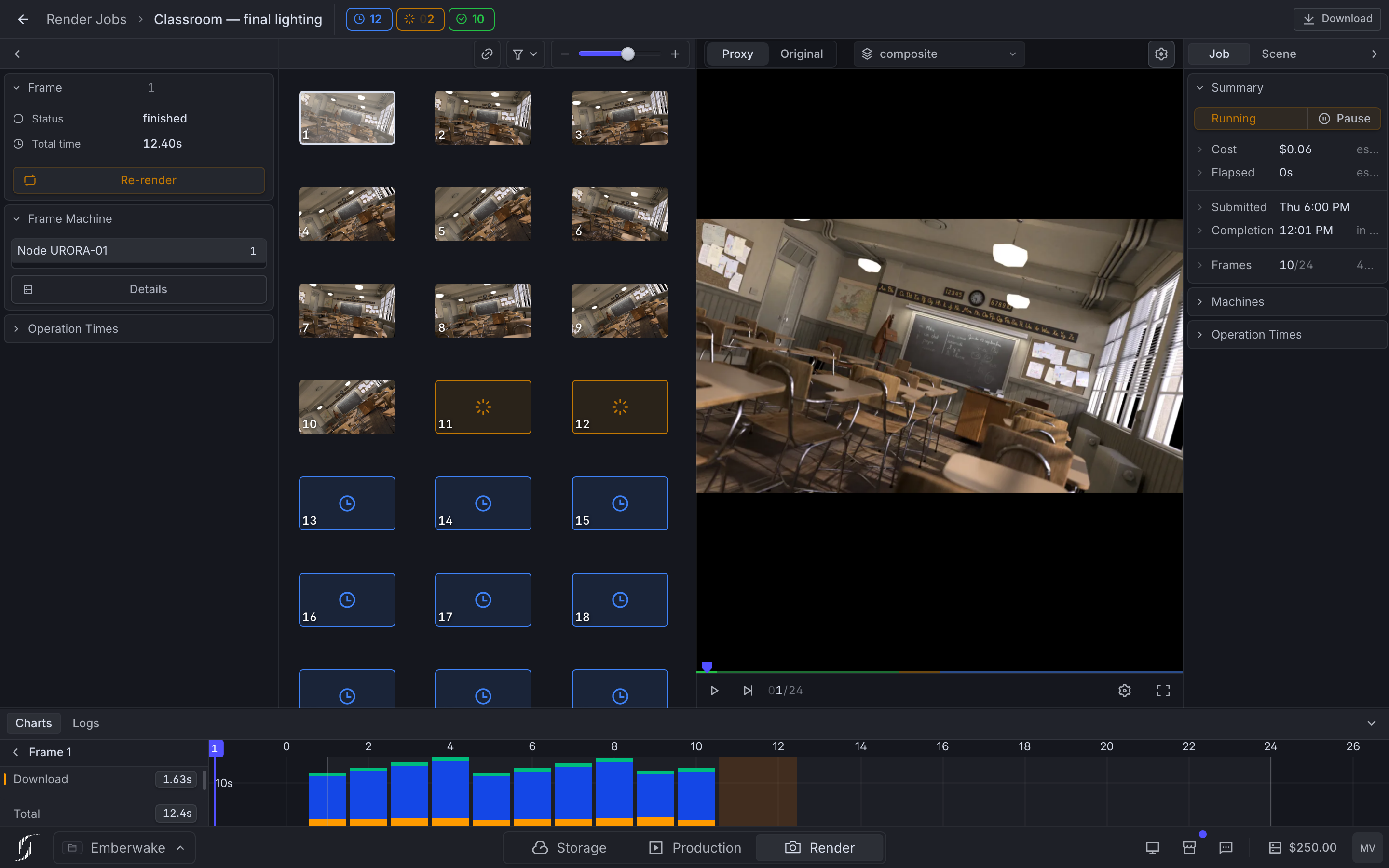 The job workspace with header, frame details, frame grid, preview, job details, and charts panels