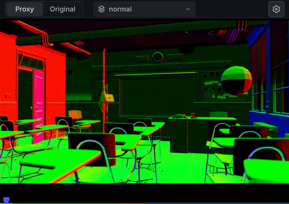 The Classroom Normal pass selected in the render-layer preview
