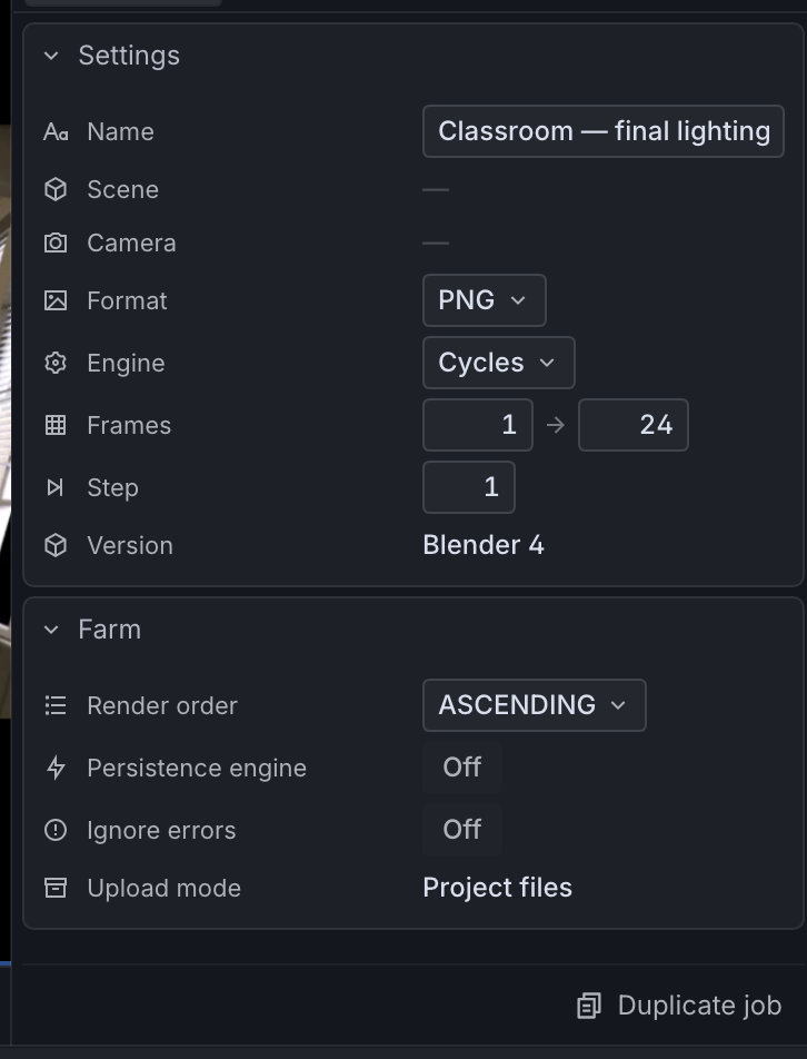 The Scene tab showing the Blender settings captured at submission
