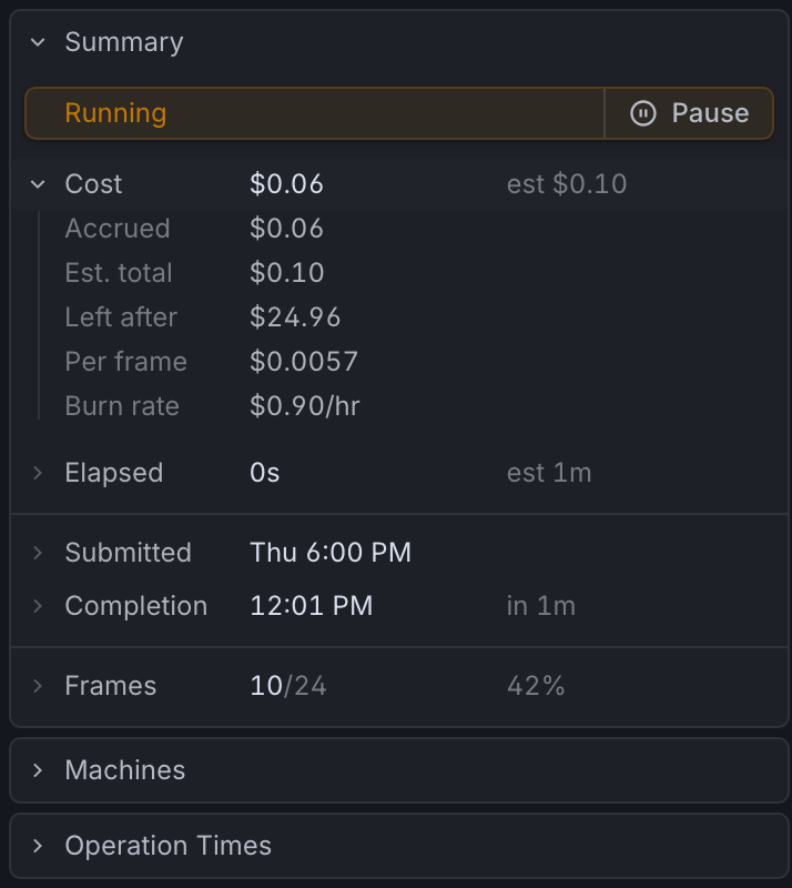 The Summary card with the Cost row expanded into accrued, estimated total, balance after, per-frame, and burn-rate figures