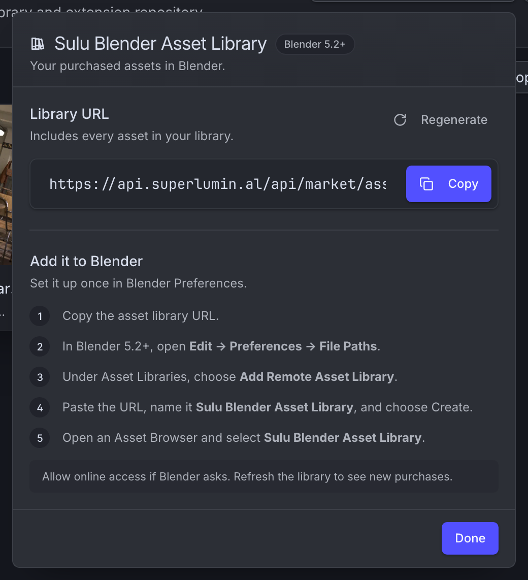 The Sulu Blender Asset Library popover with the created library URL and the Blender setup steps