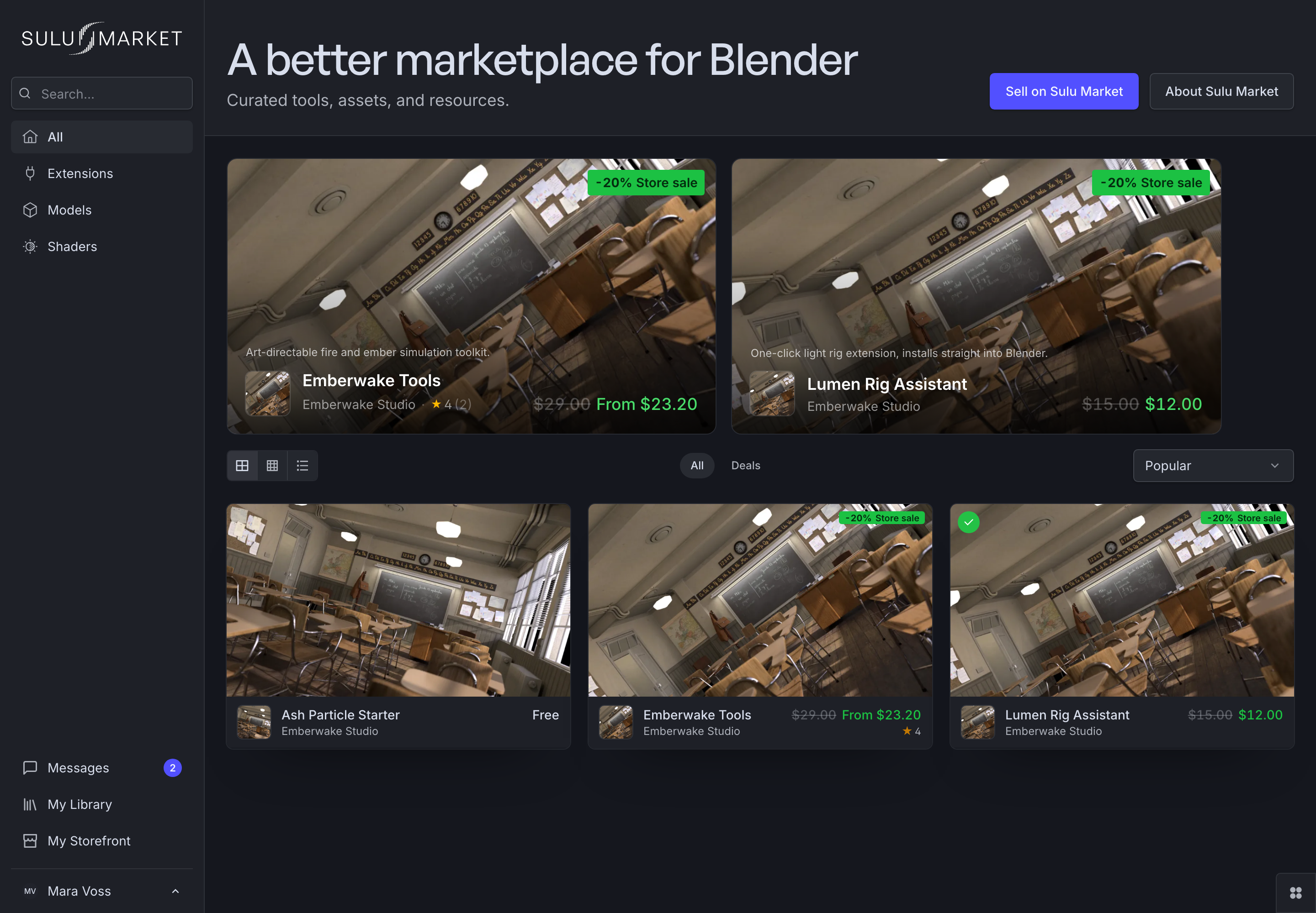 The Sulu Market landing page with search, categories, and featured products