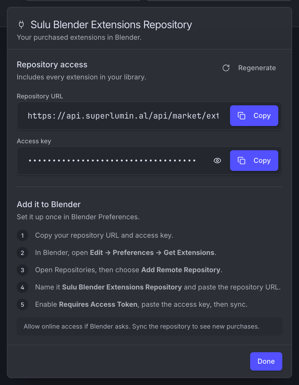 The Sulu Blender Extensions Repository popover with the created repository URL, access key, and Blender setup steps