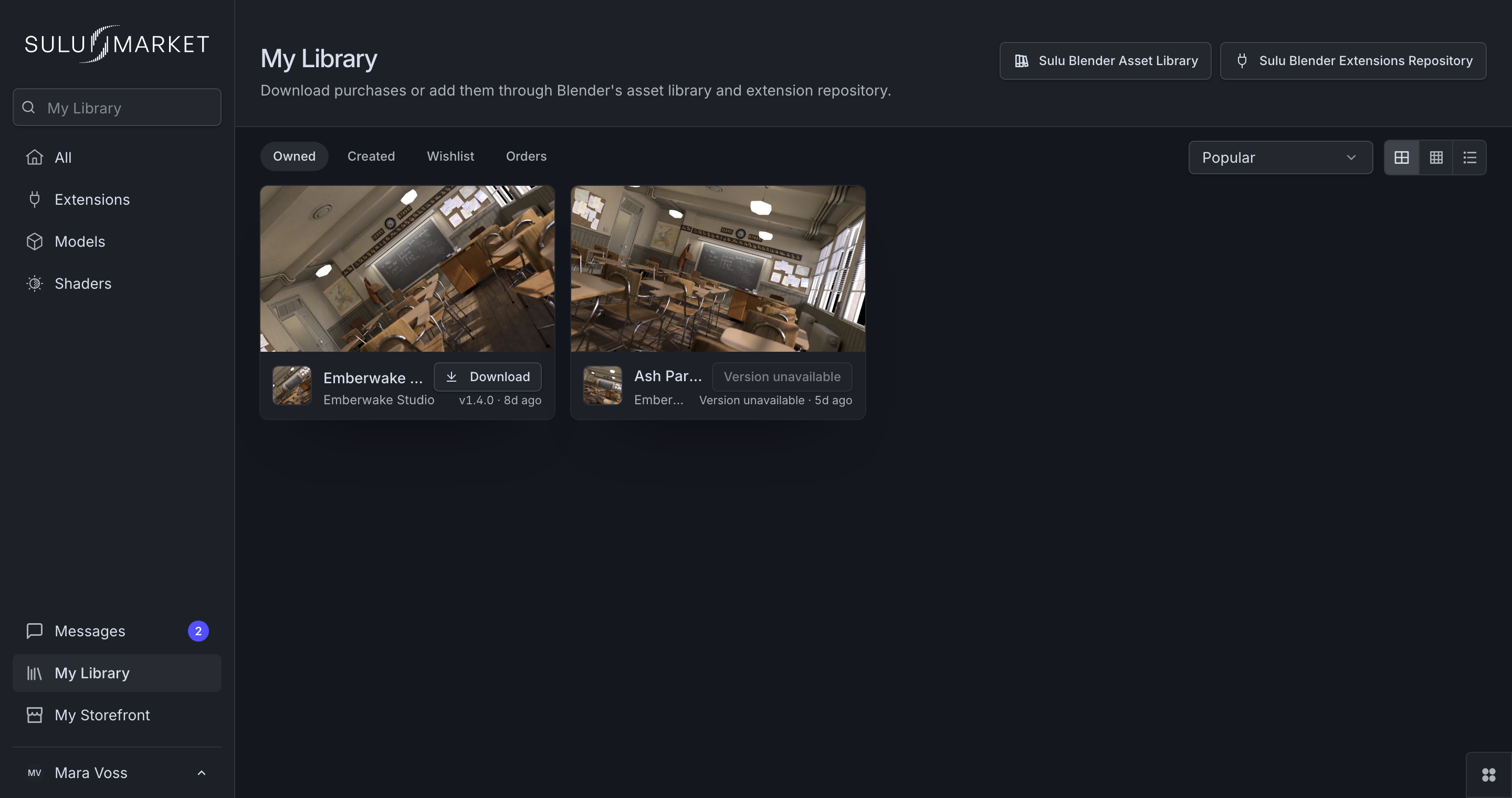 My Library with owned products and the Blender integration buttons