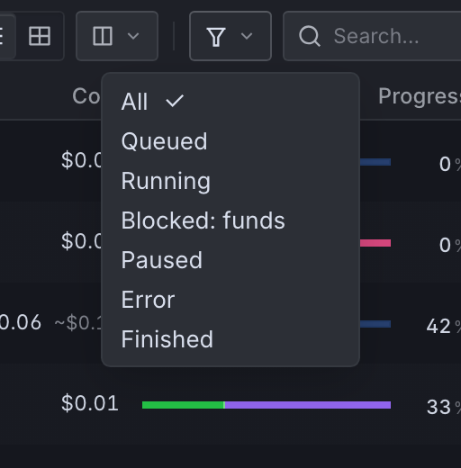 The job status filter open, listing exact scheduling states such as Blocked: funds