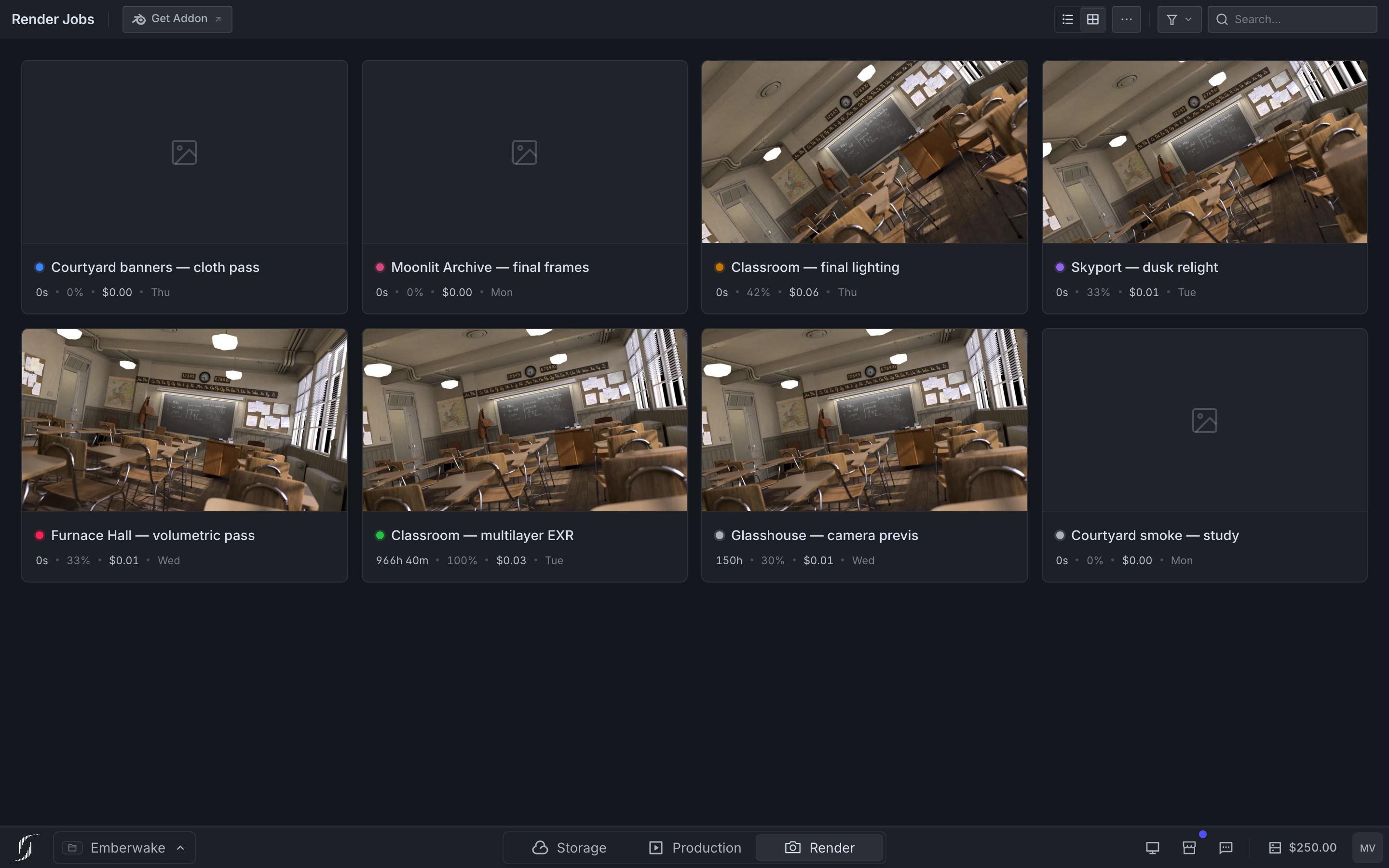 The Render Jobs page in grid view with search, filters, and job cards