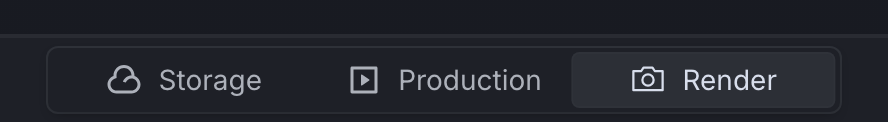 The taskbar's Storage, Production, and Render product switcher