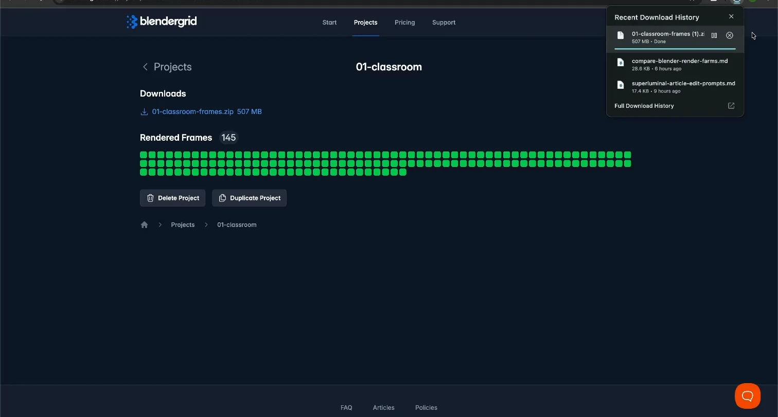 Chrome showing the Blendergrid Classroom ZIP download as done