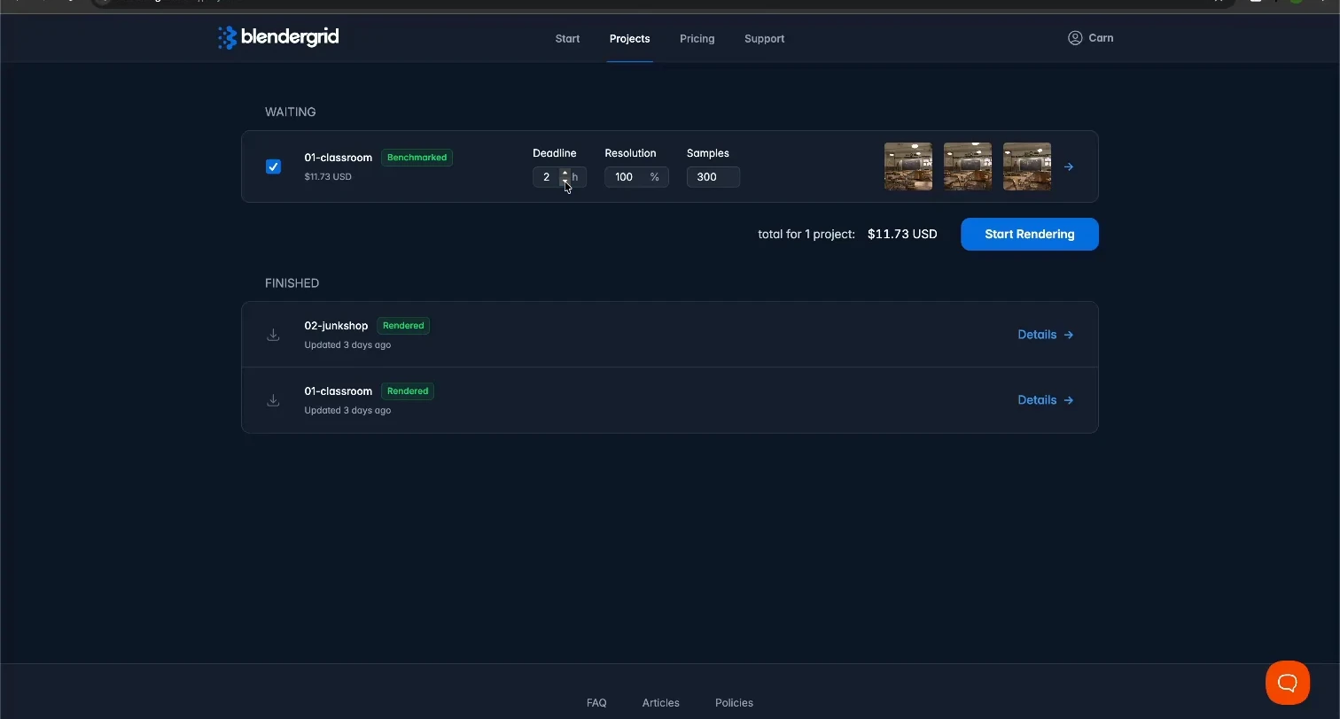 Blendergrid Classroom two-hour quote showing 11.73 dollars