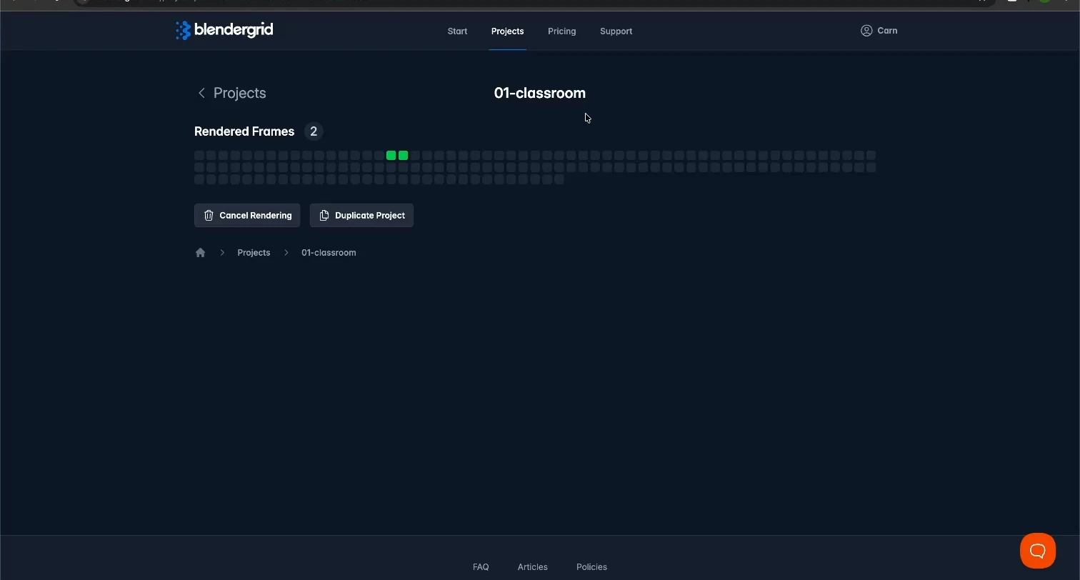 Blendergrid Classroom run showing its first completed frame batch
