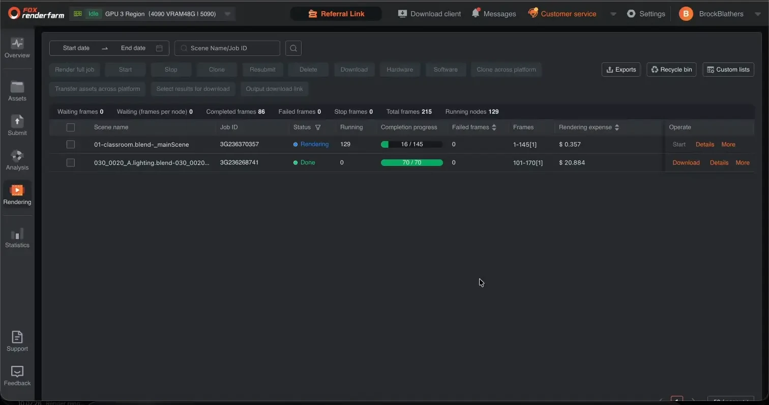 Fox Renderfarm Classroom job with running node count