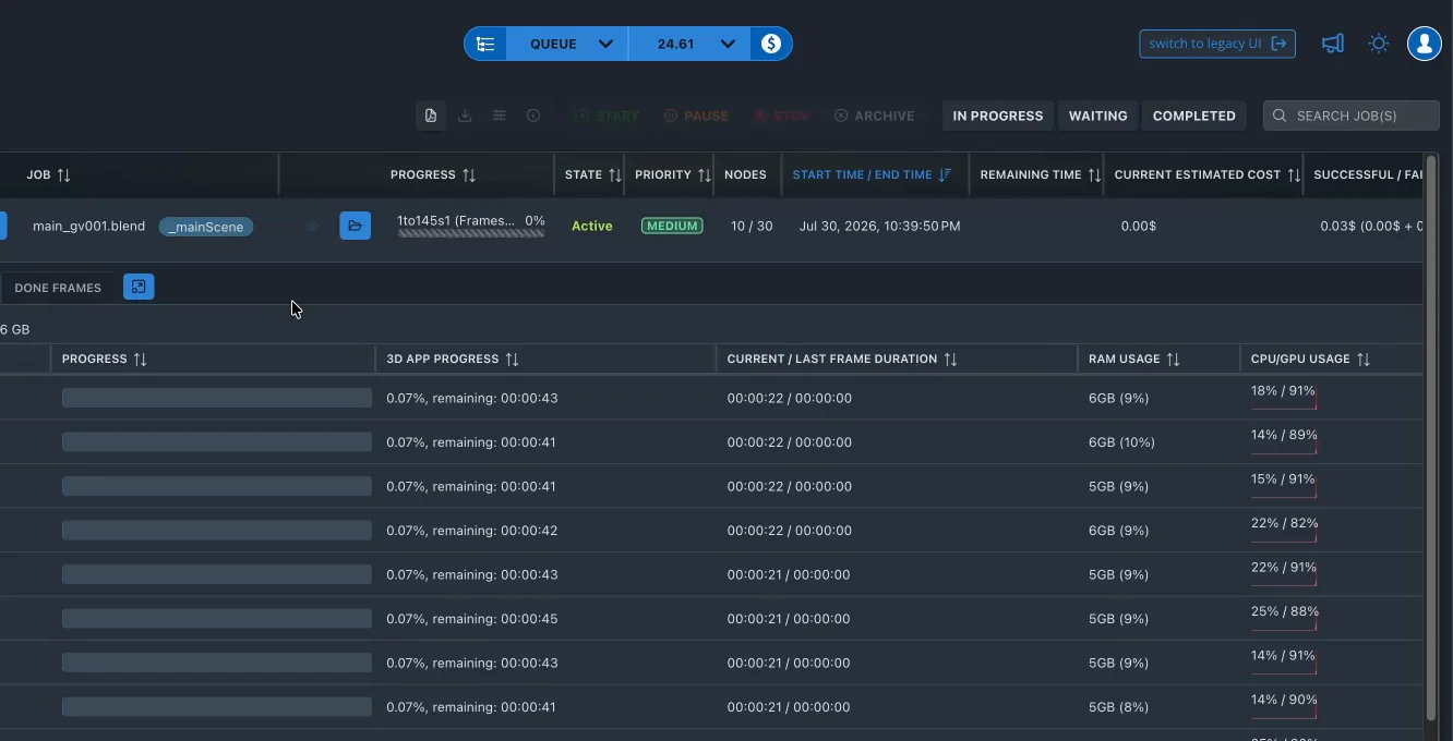 GarageFarm job page showing active nodes