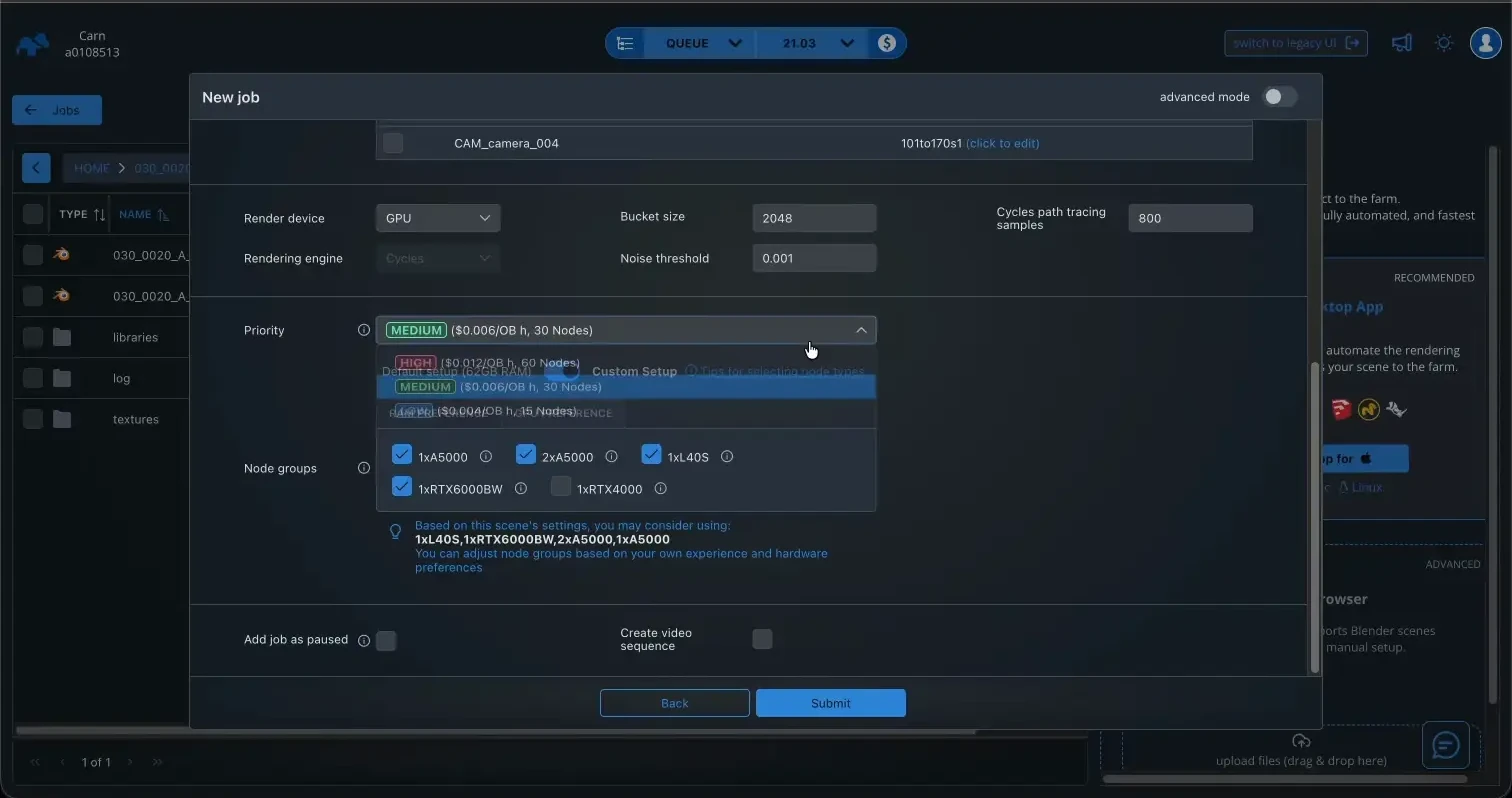 GarageFarm WebManager job settings for Classroom