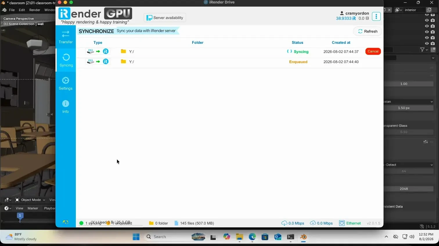 iRender Drive synchronizing the 145-file Classroom output folder