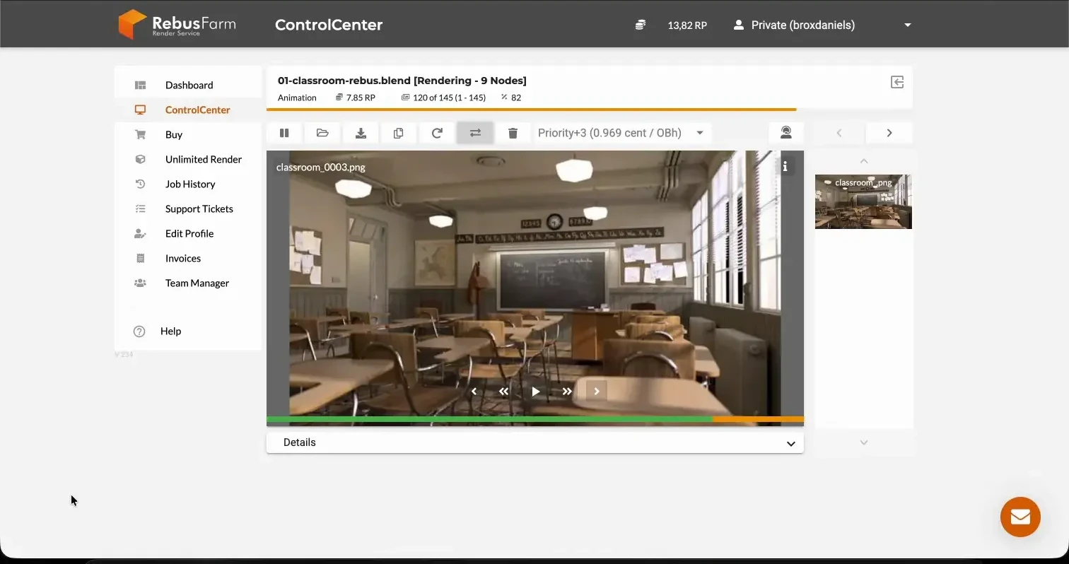 RebusFarm Classroom job showing active nodes