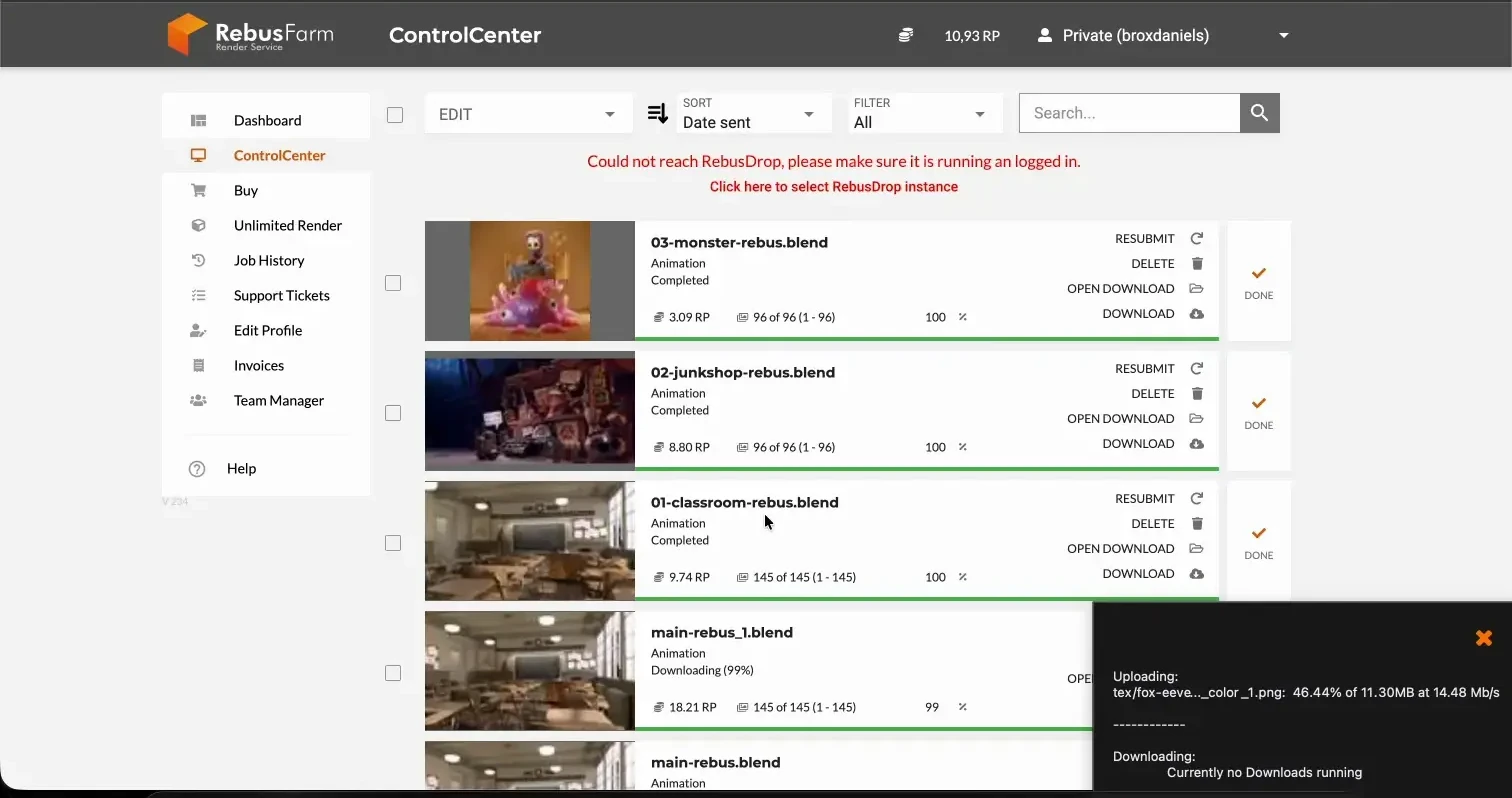 RebusFarm ControlCenter list with three completed benchmark jobs