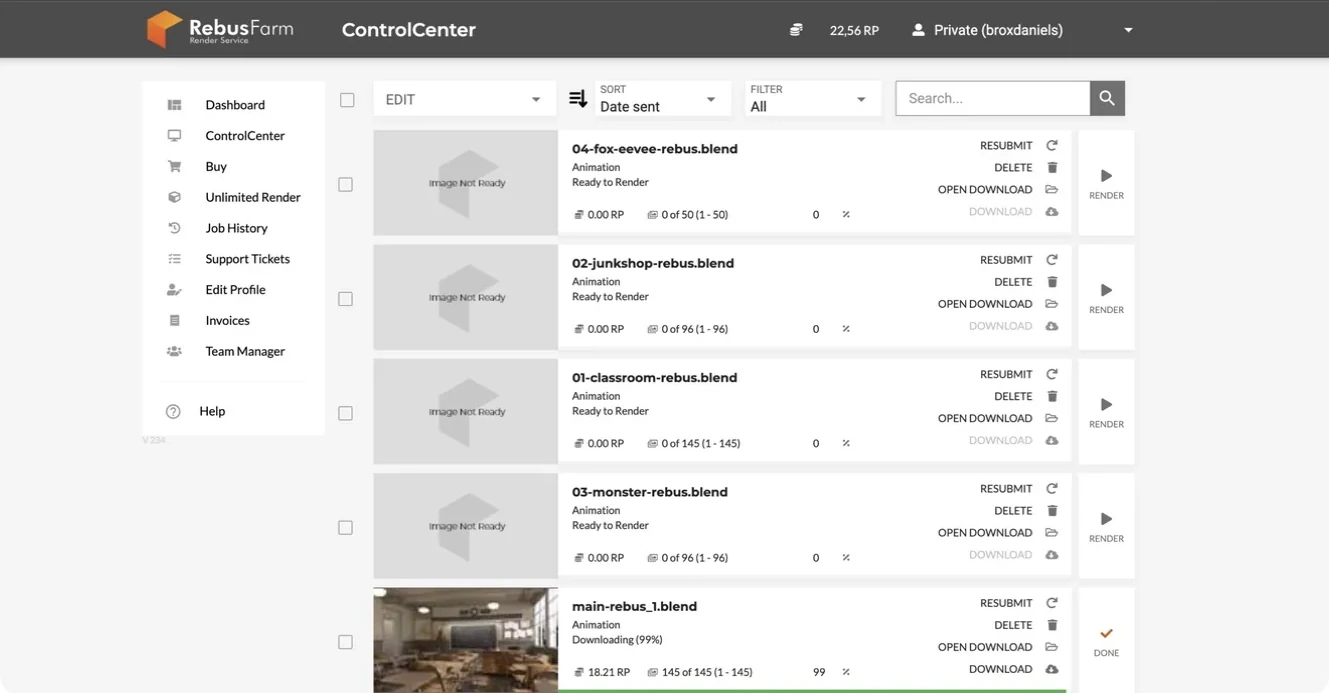 RebusFarm ControlCenter with the Classroom project ready to render