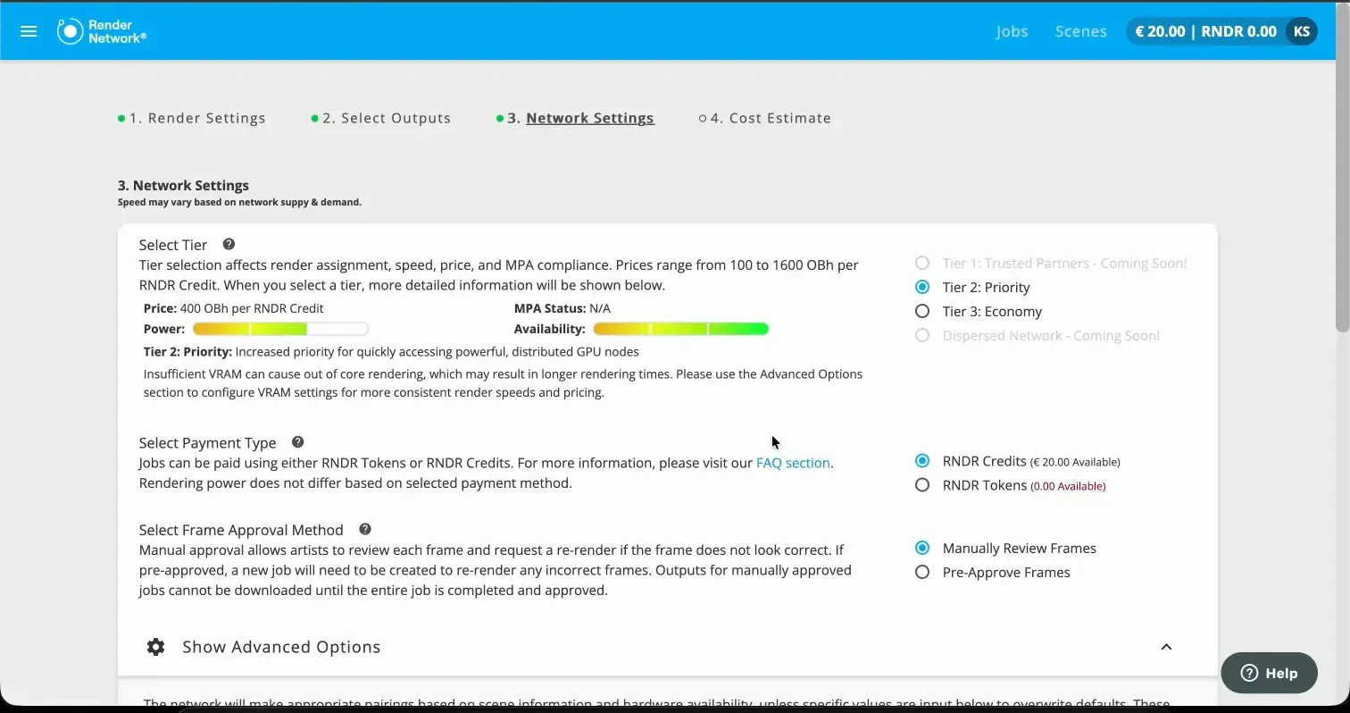 Render Network submission settings for Tier 2, RNDR Credits, and manual frame review