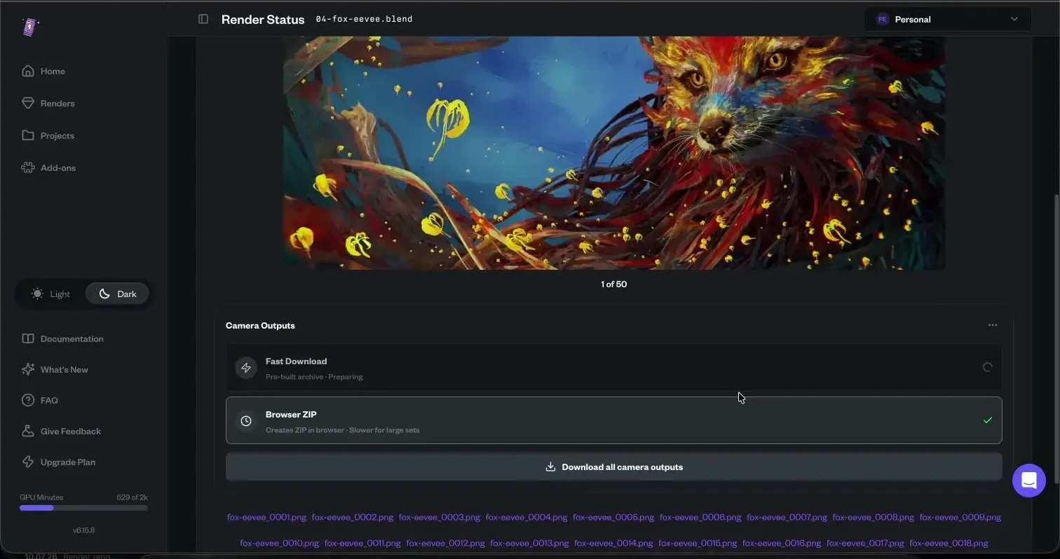 RenderJuice Fox EEVEE output page with ZIP download controls