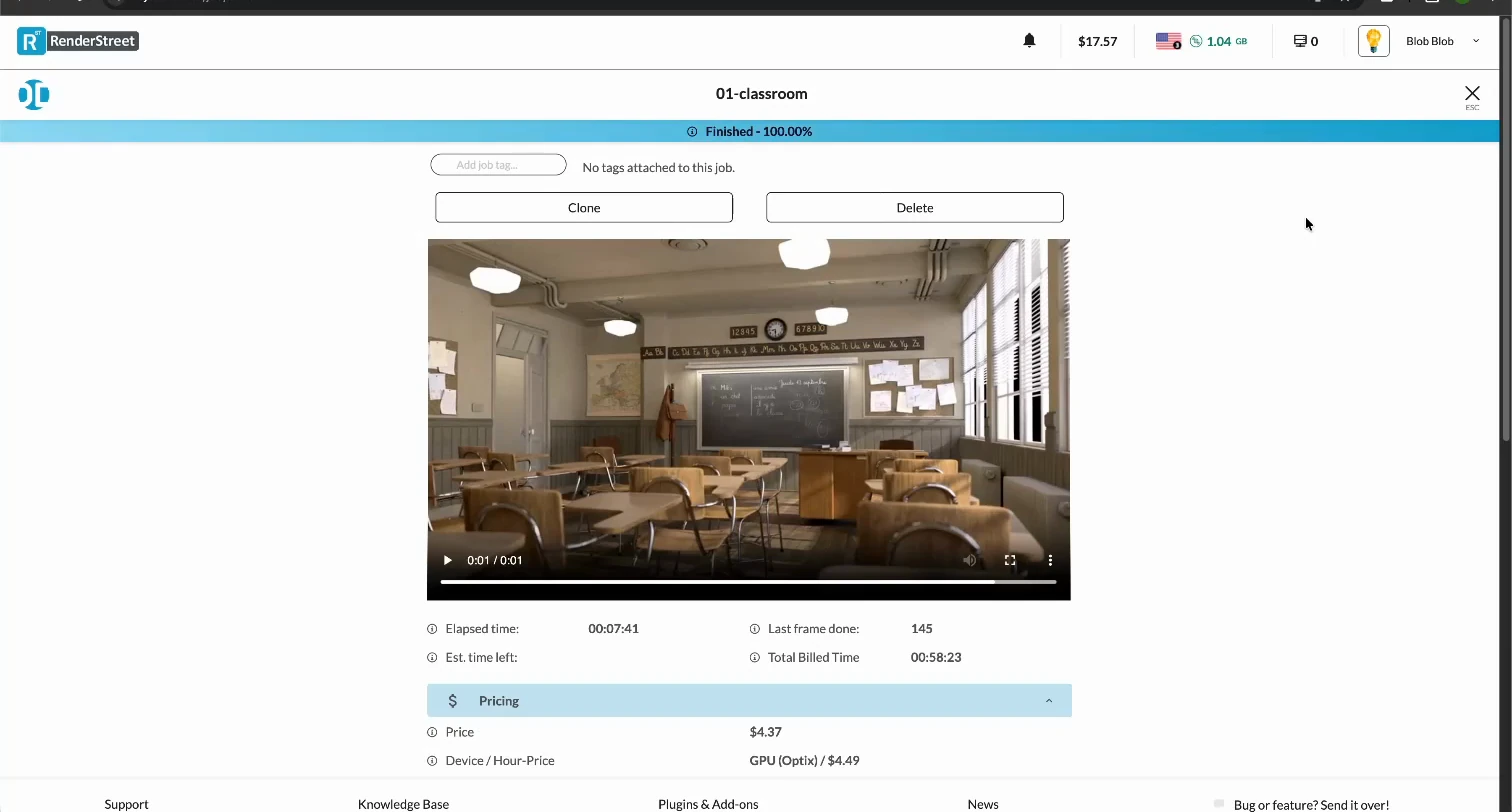 Finished RenderStreet Classroom job with exact price and per-frame timing