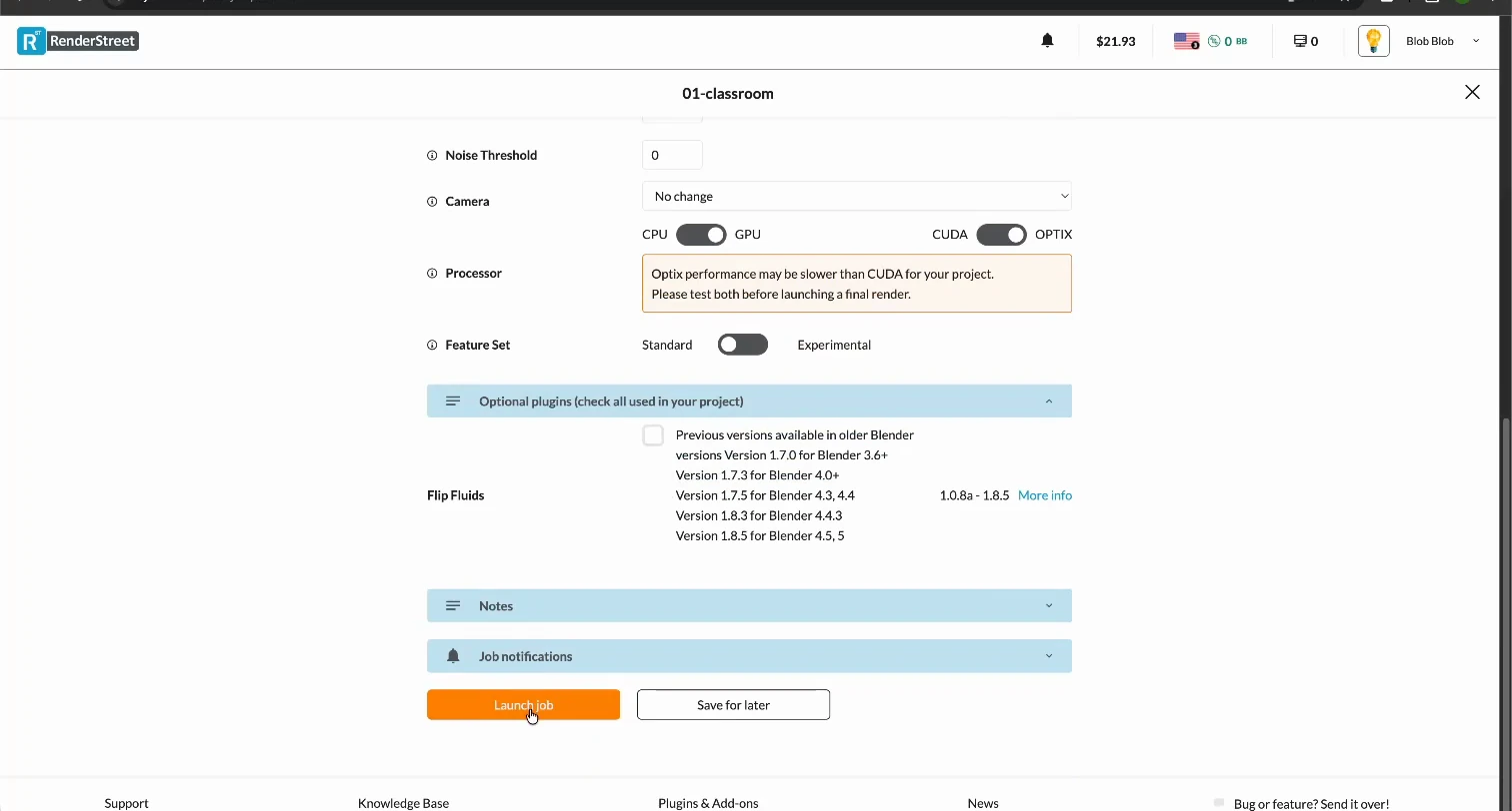 RenderStreet Classroom settings immediately before Launch job