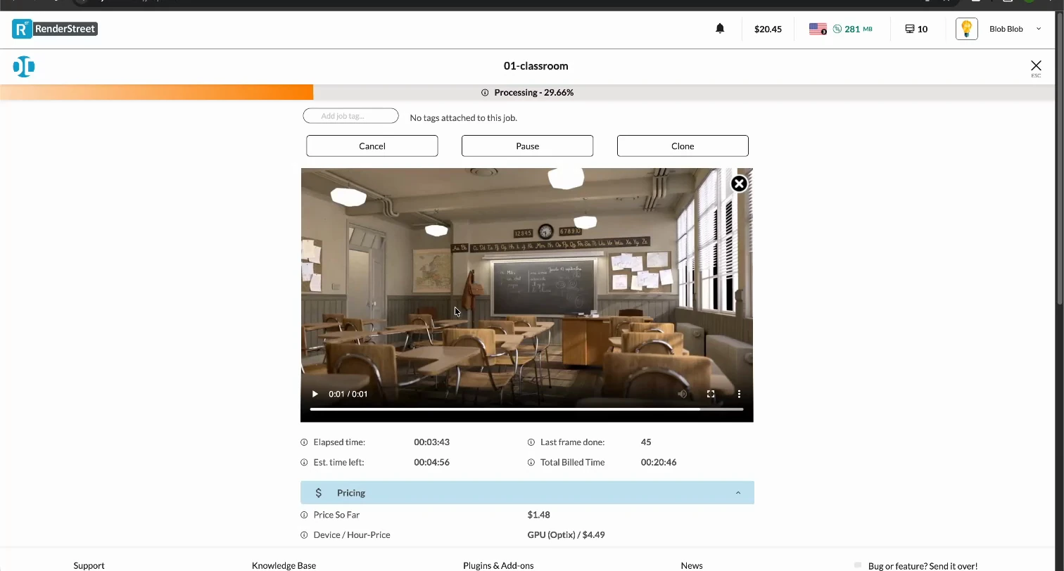 RenderStreet Classroom sequence playback available while rendering