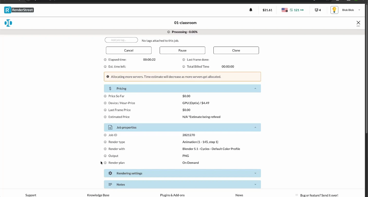 RenderStreet Classroom job allocating servers during processing