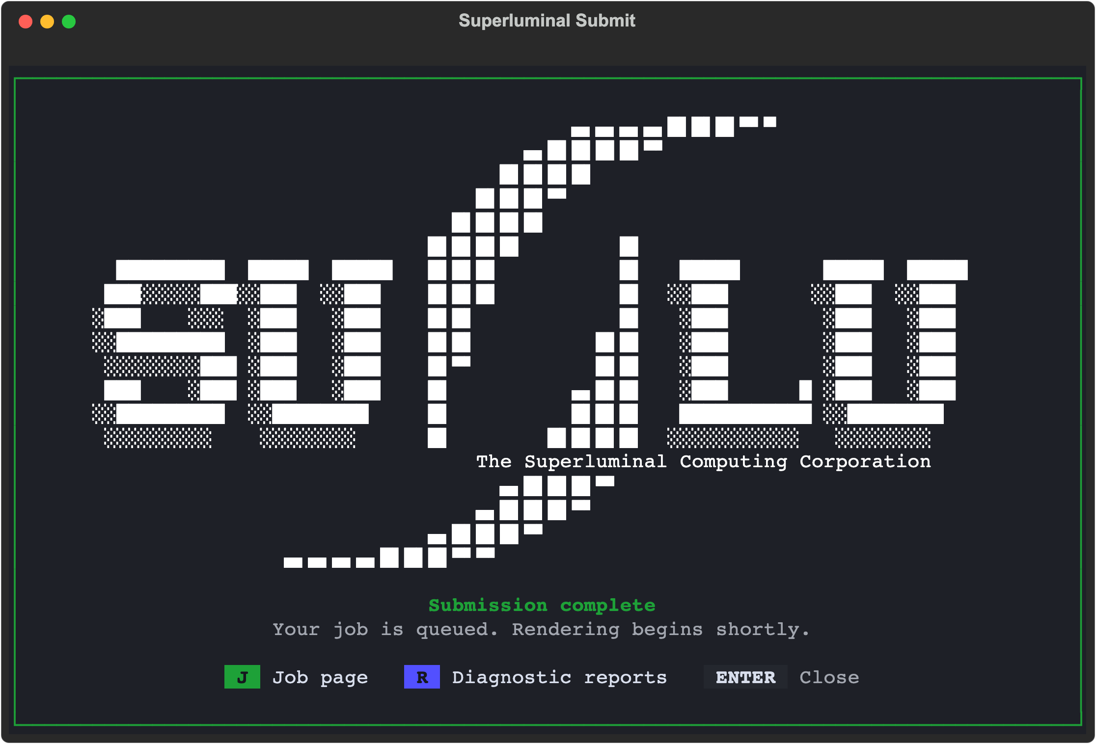 Superluminal submission terminal confirming the queued job after packaging and upload